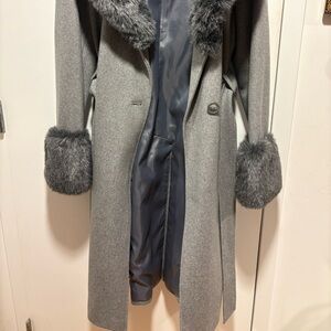 French Connection Gray  Coat with Faux Fur Trim